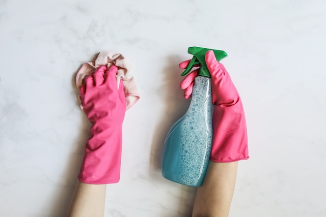 Cropped image of someone wearing pink gloves holding a blue spray bottle and a towel